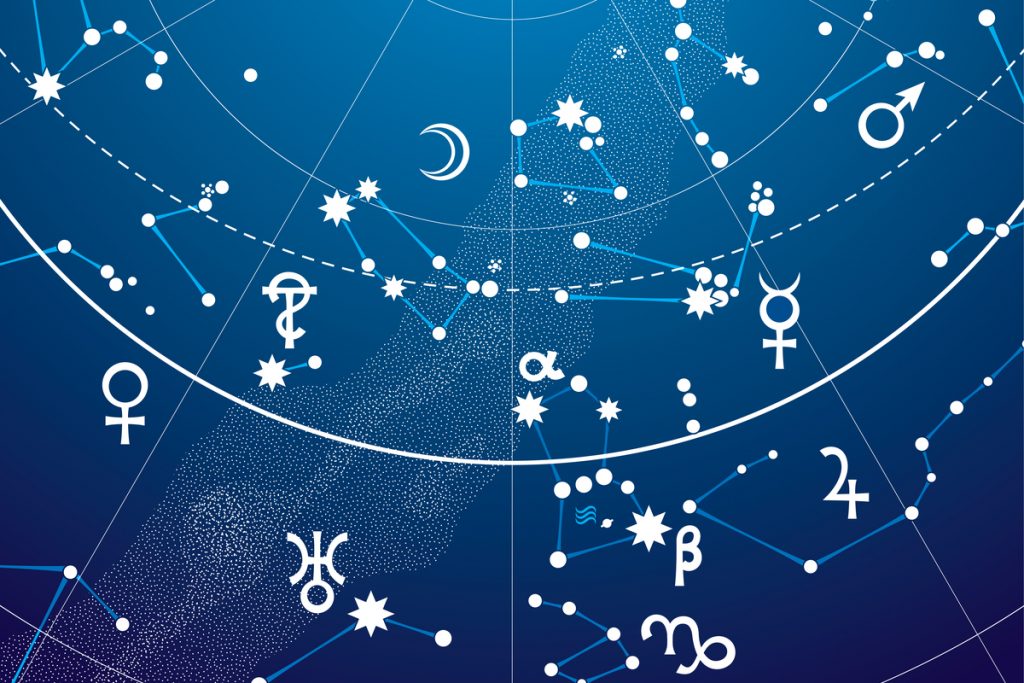 Imagem azul com símbolos de signos e planetas