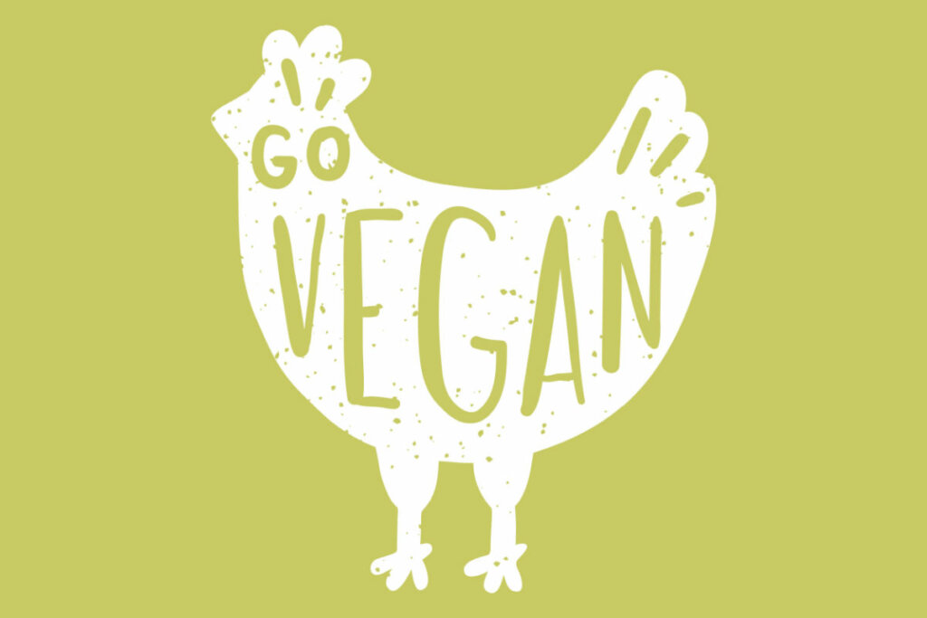 Ilustração de galinha escrito "go vegan"