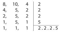 Conta de Mínimo Múltiplo Comum dos números 8, 10 e 4.