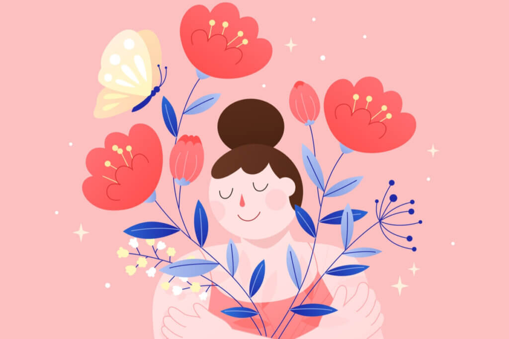 Ilustração de menina se abraçando e flores ao redor de sua cabeça