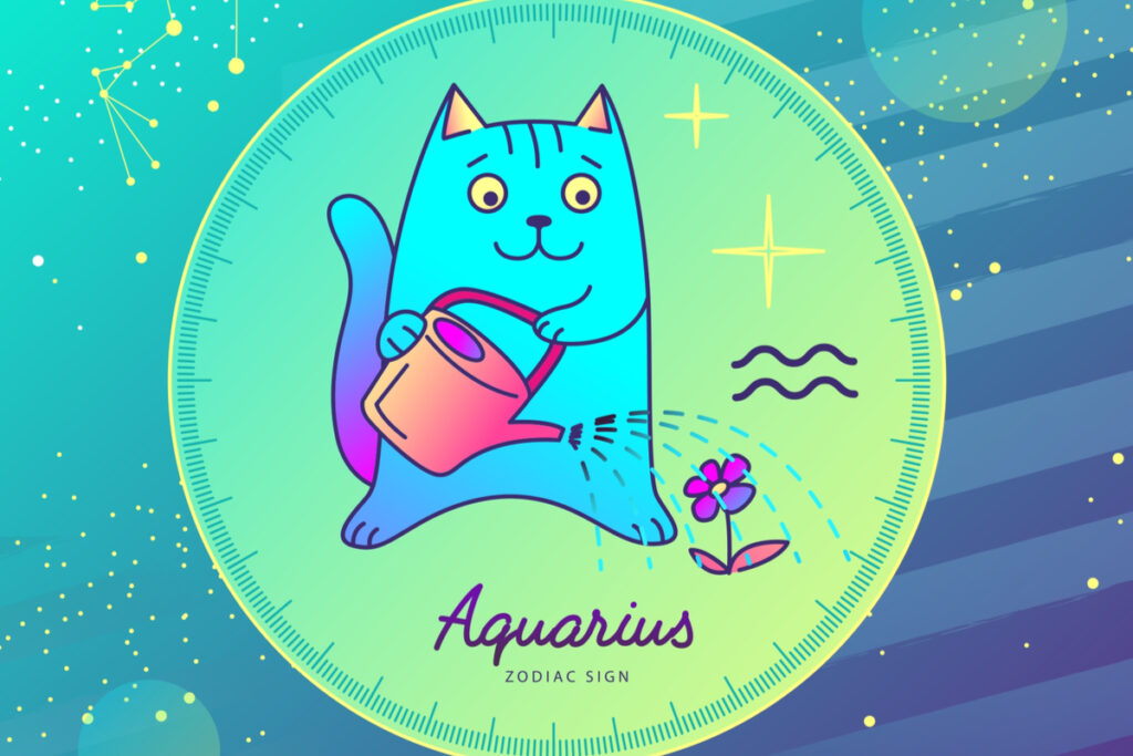 Gato segurando um regador e símbolo do signo de Aquário