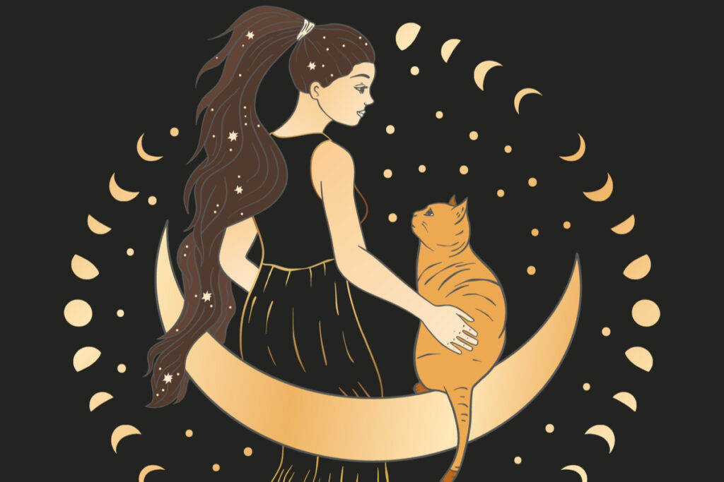 Ilustração de uma menina e um gatinho caramelo sentados na Lua no fundo preto