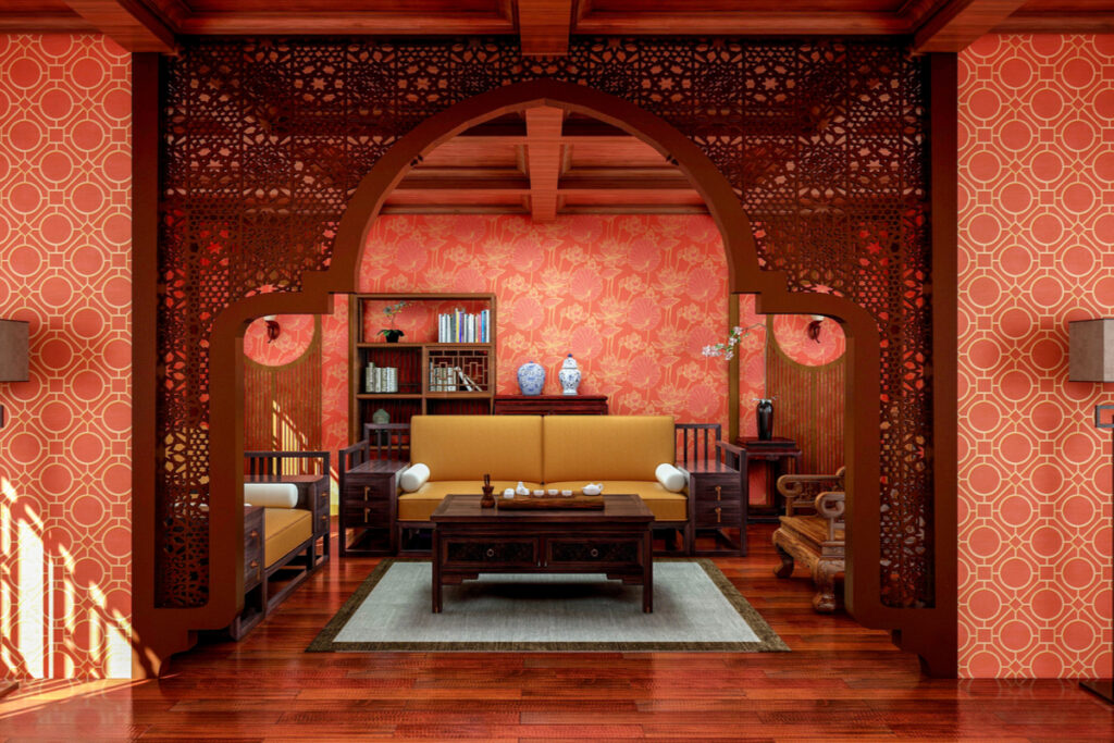Vista da sala toda em vermelho, com sofá e itens decorativos com referência chinesa