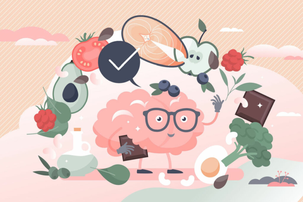 Ilustração de um cérebro rosa com diversas comidas em volta