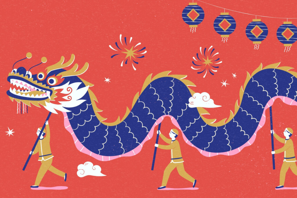Astrologia chinesa. Na imagem, desenho de homens carregando boneco de dragão azul. 