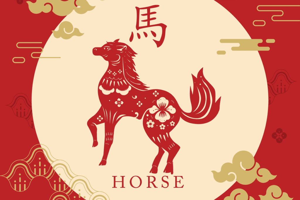 Imagem abstrata de Astrologia Chinesa, com cavalo pintado de vermelho e desenhos de flores.