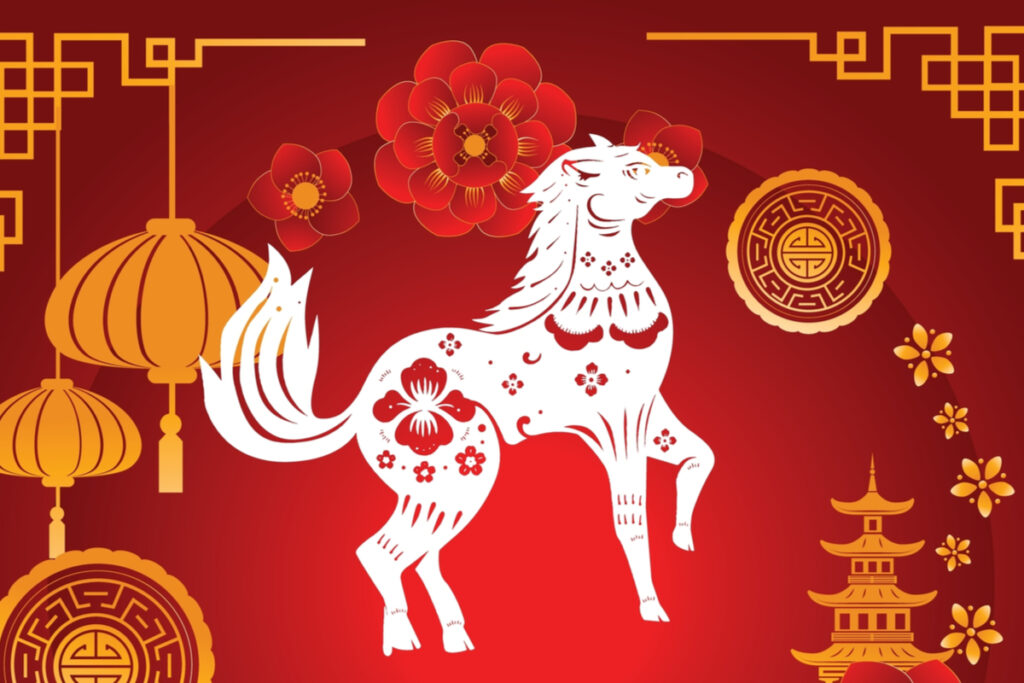Imagem abstrata de Astrologia Chinesa, com cavalo pintado de branco e desenhos de flores.