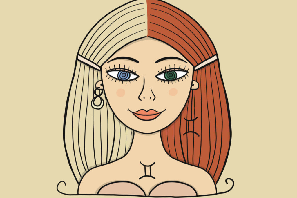 Ilustração de uma mulher com o signo de Gêmeos no pescoço 