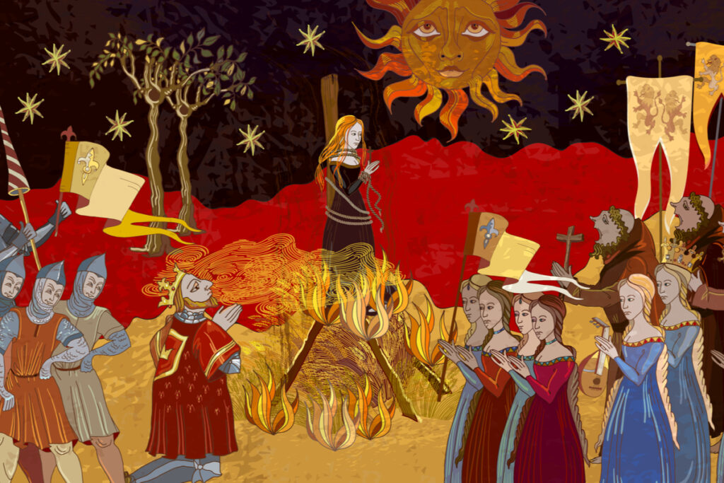Ilustração de uma mulher na fogueira durante a Idade Média 