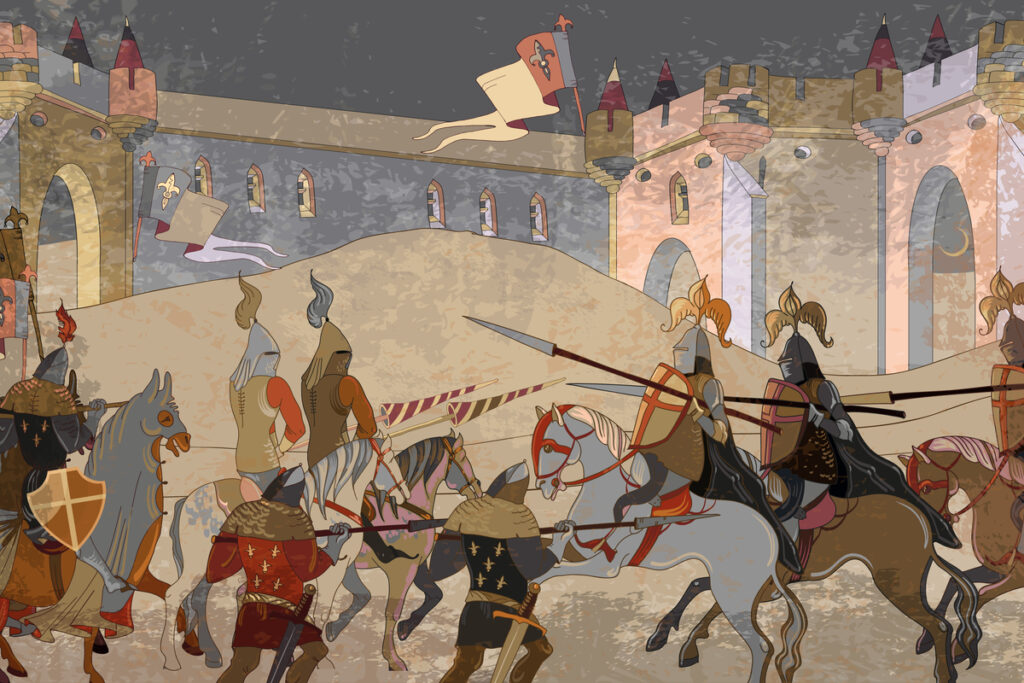 Ilustração de soldados brigando durante a Idade Média