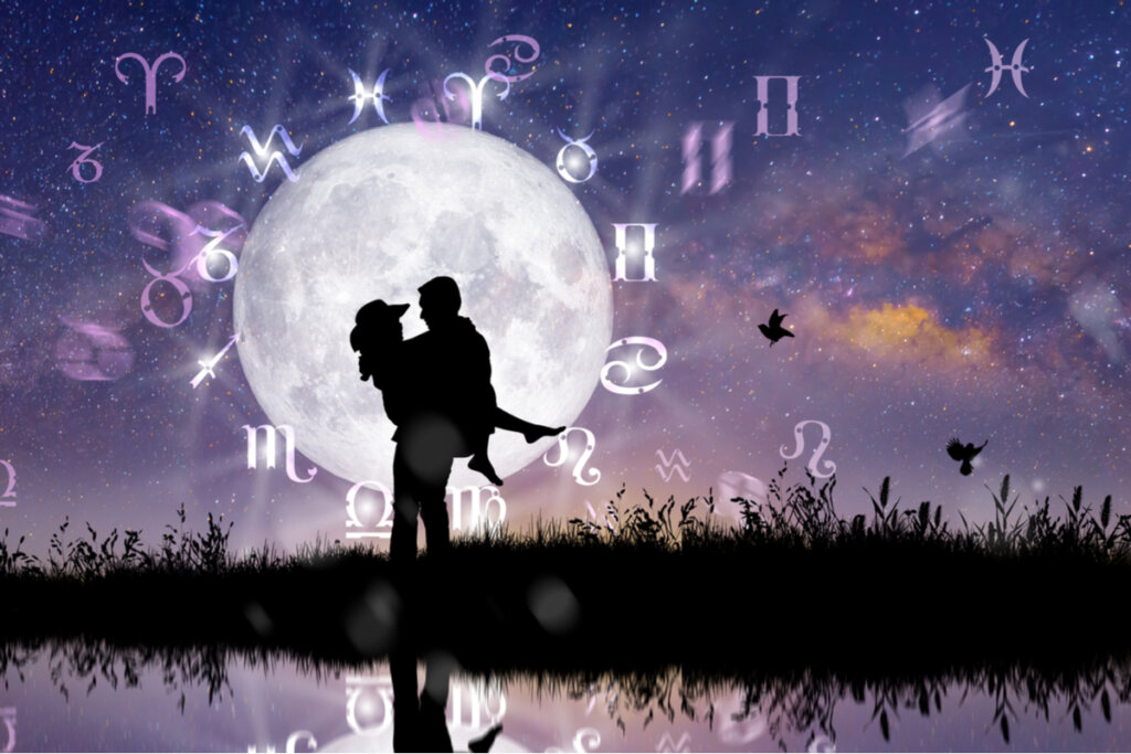 Ilustração de um casal em frente a uma Lua com os 12 signos do zodíaco