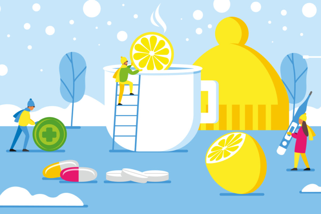 Ilustração de pessoas se preparando para o inverno com remédios para o tratamento de resfriados