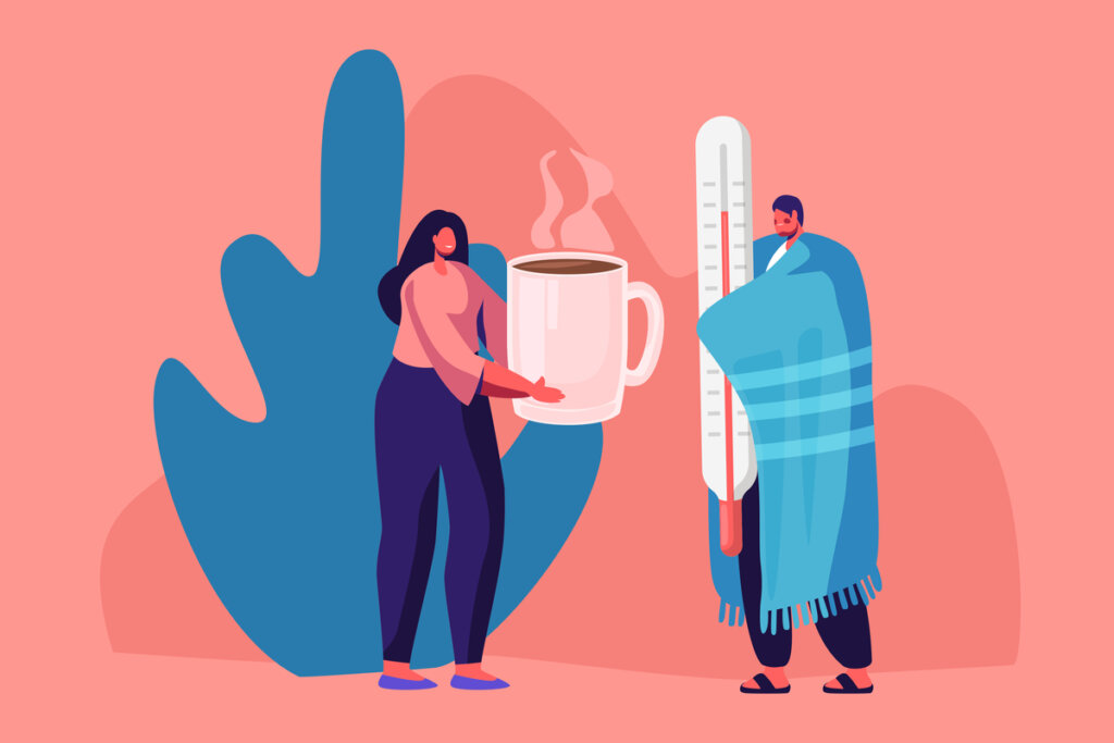 Ilustração de uma mulher entregando uma xícara de chá para um homem que está agasalhado com uma coberta e segura um termômetro