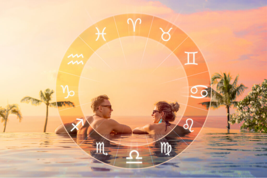 Homem e mulher em piscina e mandala dos 12 signos