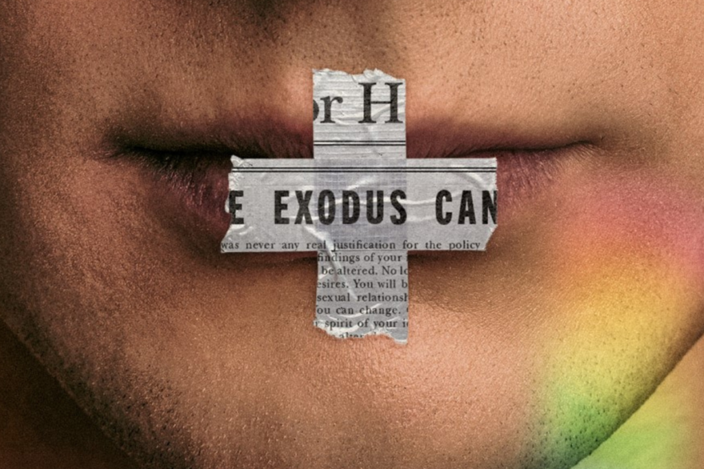 Capa do documentário 'Pray Away' com uma pessoa com um pedaço de jornal no formato de uma cruz na boca 