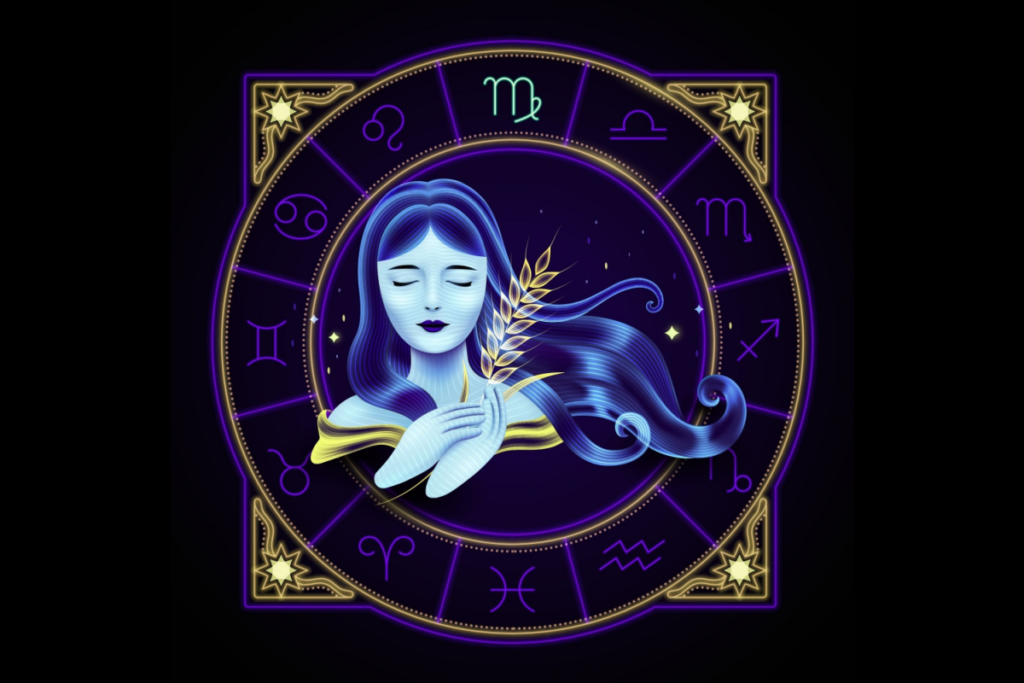 Signo do zodíaco de Virgem representado por uma jovem donzela carregando um de trigo
