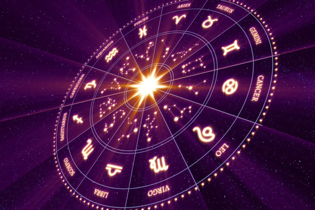 Ilustração de um circulo com os signos do zodíaco e o sol no centro
