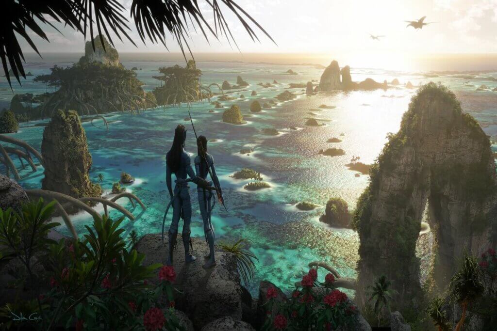 Imagem mostra o casal Jake Sully  e Neytiri olhando para o horizonte