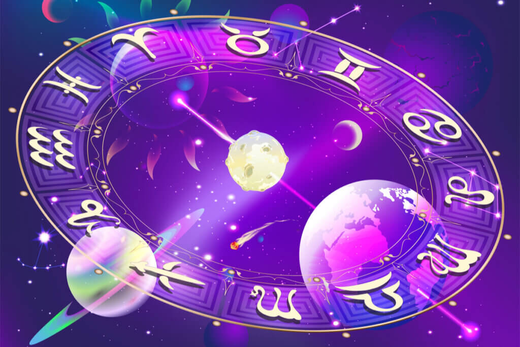 Imagem de planetas e símbolos dos signos com fundo violeta