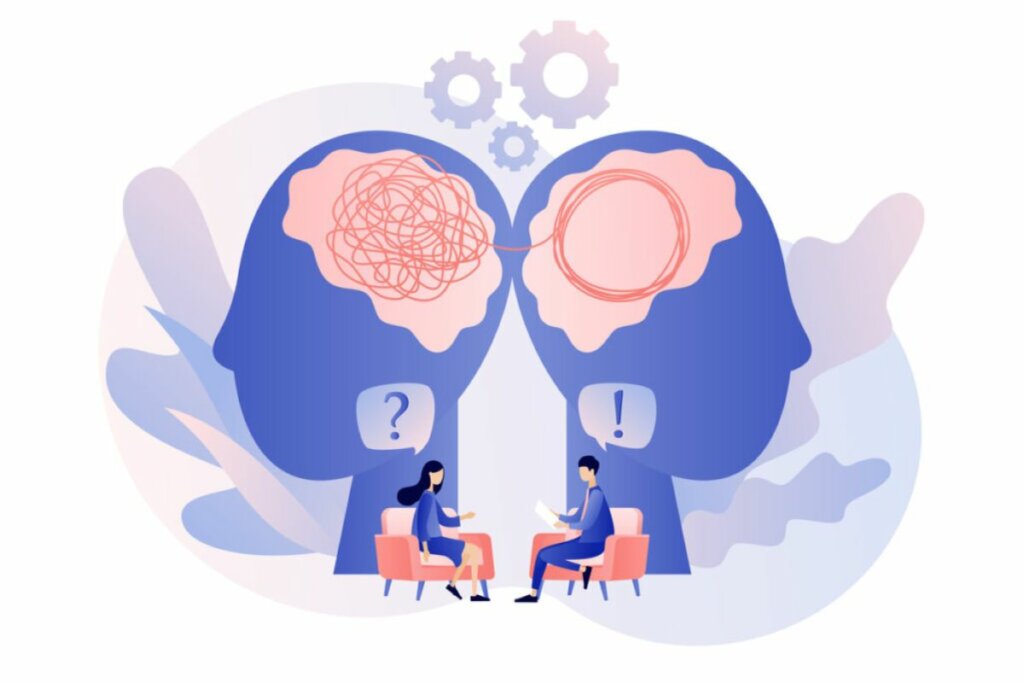 Vetor de dois cérebros representando as emoções humanas durante análise