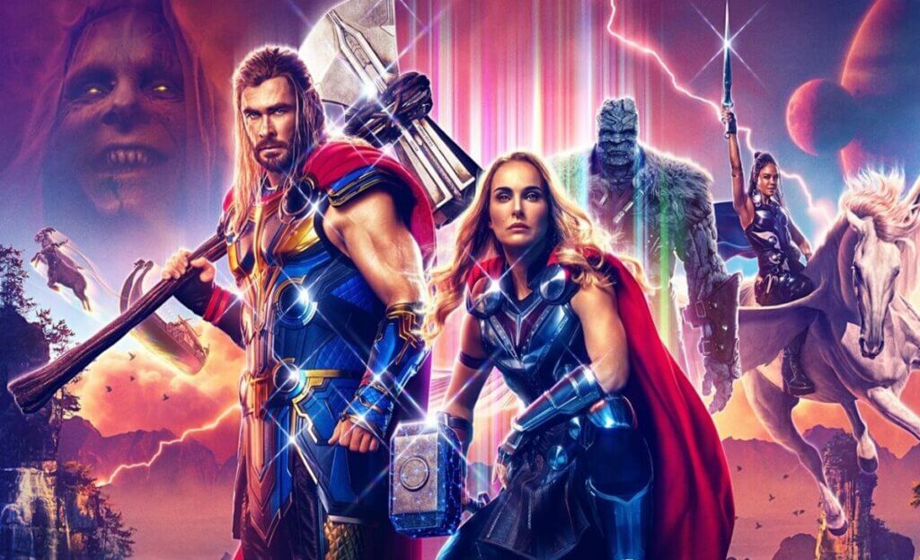 Capa do filme mostra Thor e os personagens Gorr, Valquíria, Korg e Jane Foster.