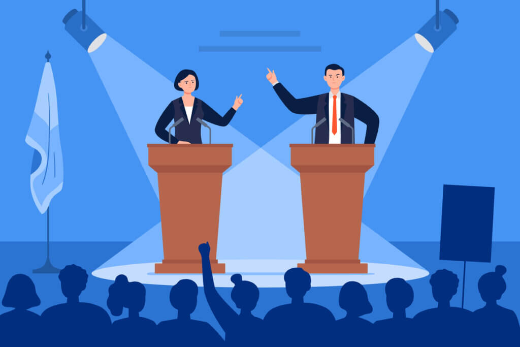 Ilustração de duas pessoas em debate