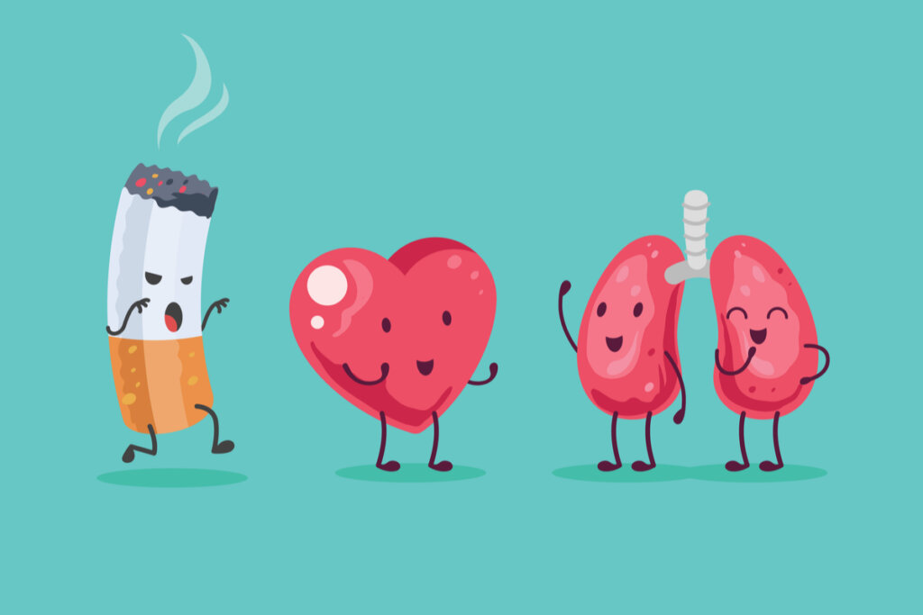 Ilustração de um cigarro, pulmão e coração