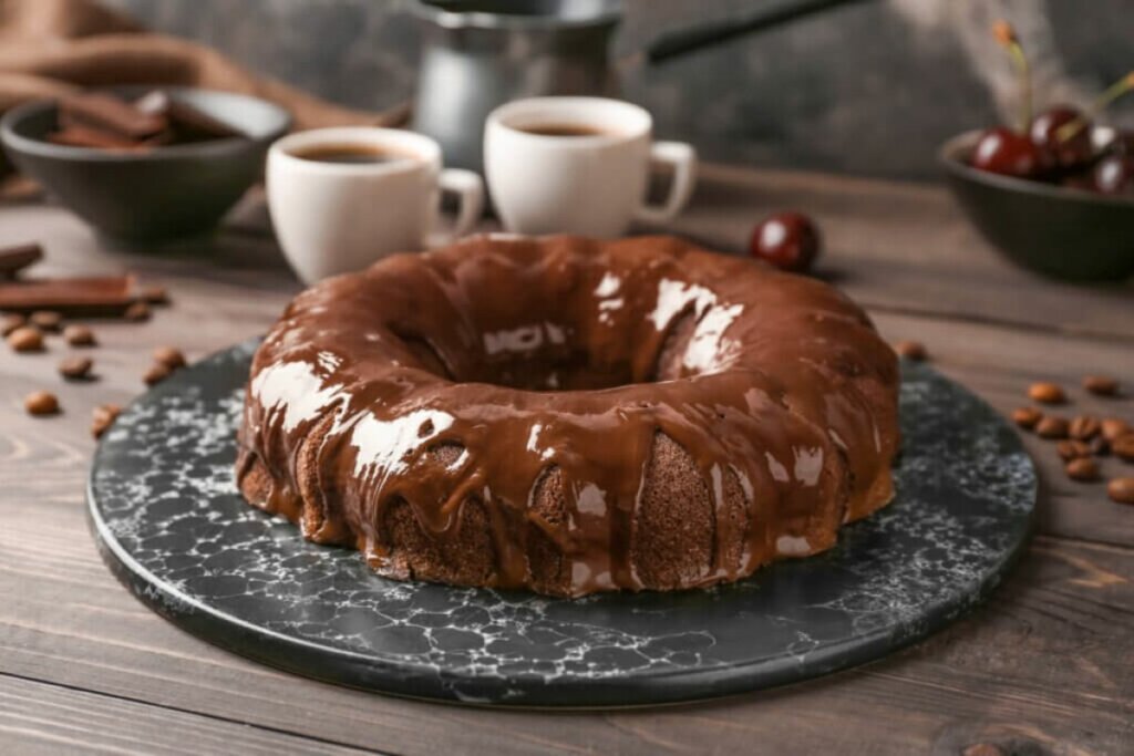 Bolo de chocolate com calda de chocolate em uma tábua com xícaras de café ao fundo