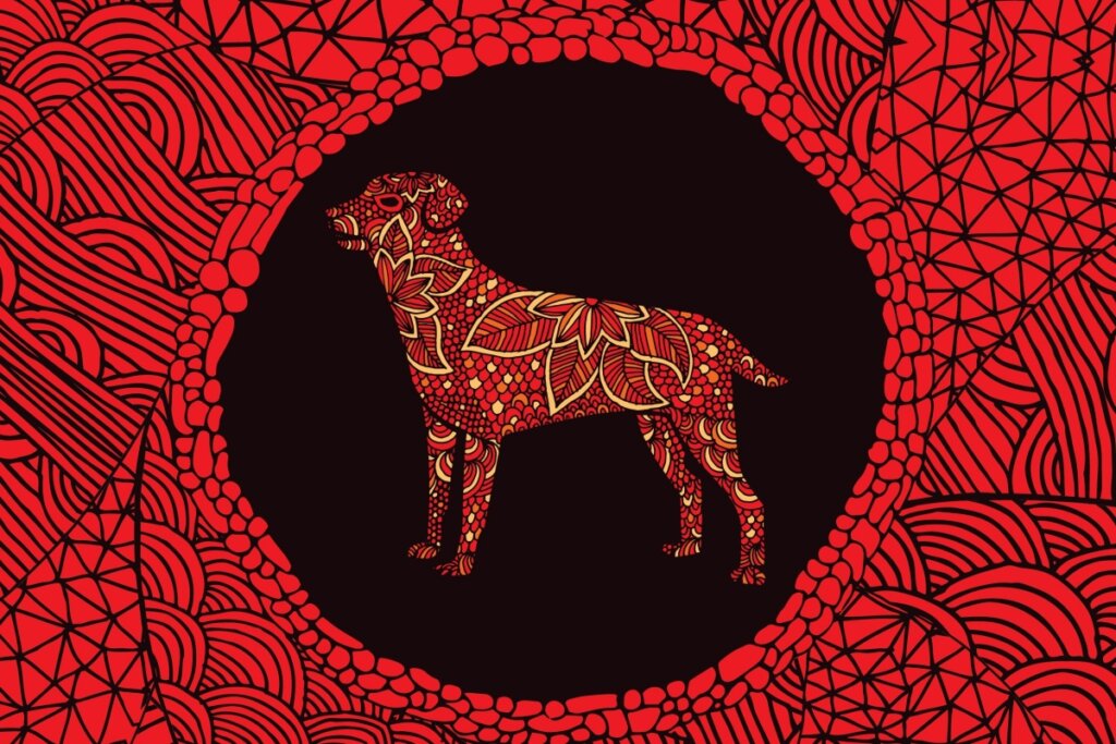 Ilustração de um cão florido em um fundo vermelho e preto