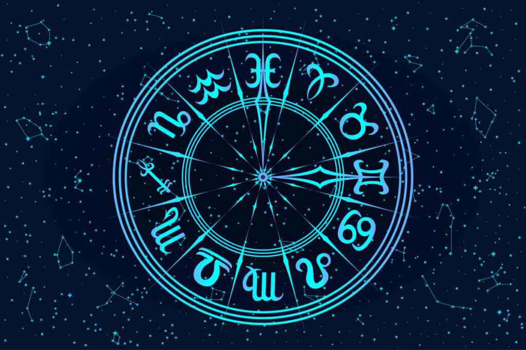 Círculo em azul com os 12 signos do zodíaco no fundo azul escuro