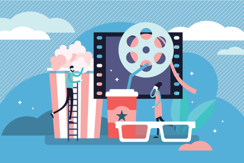 Ilustração de cinema, com balde de pipoca, óculos 3d e refrigerante