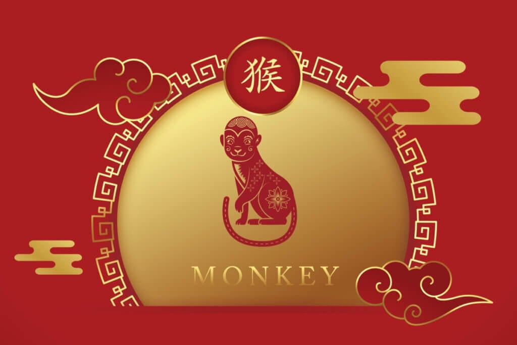 Signo do macaco no Horóscopo Chinês no fundo vermelho