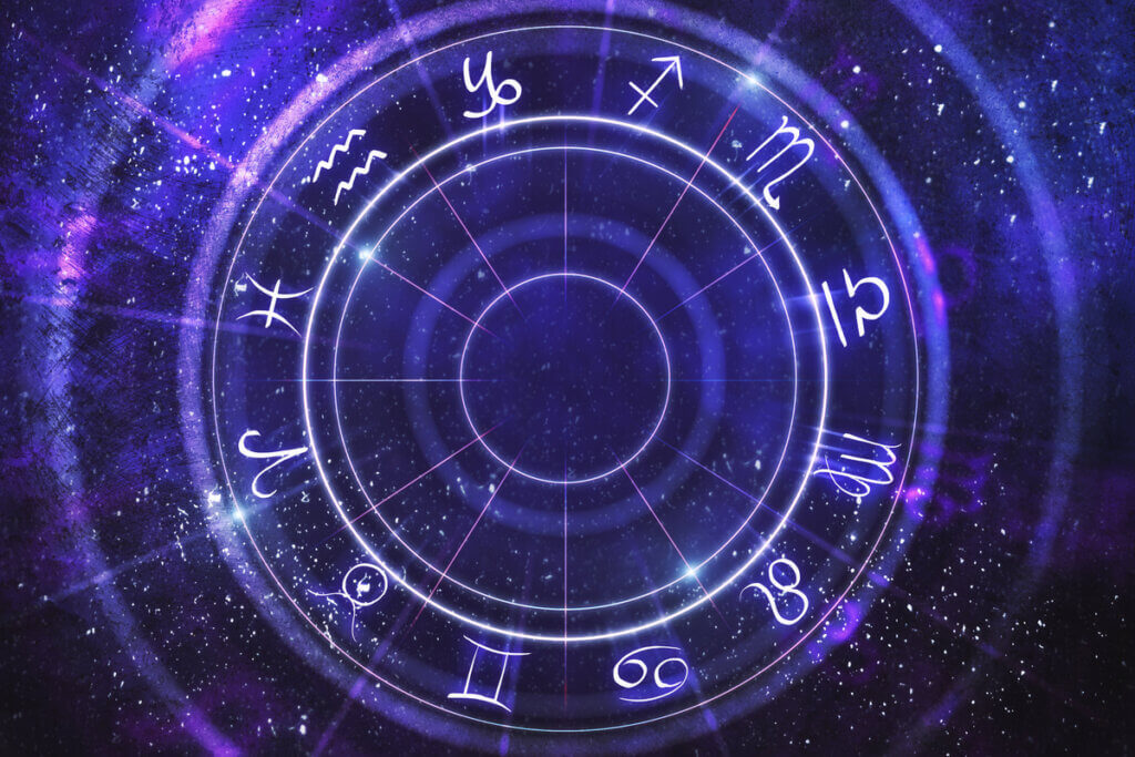 Círculo com os 12 signos do zodíaco no fundo roxo