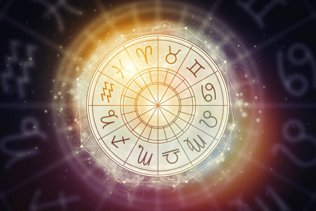 ilustração de um circulo iluminado com os signos do zodíaco