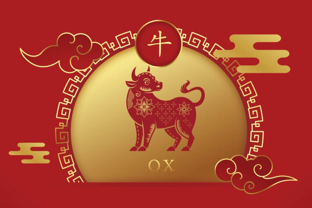 Signo do Búfalo no Horóscopo Chinês no fundo vermelho