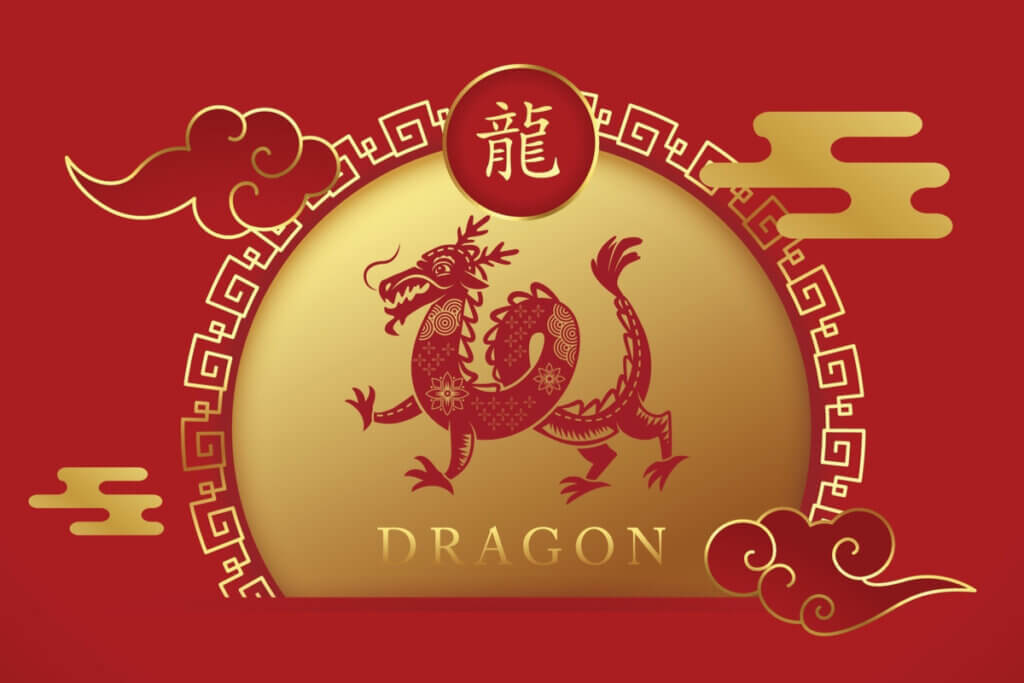 Signo do Dragão no Horóscopo Chinês no fundo vermelho