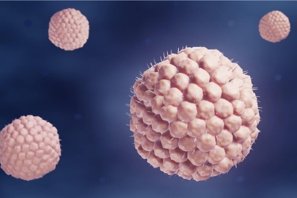 Ilustração do vírus da catapora em rosa com fundo azul