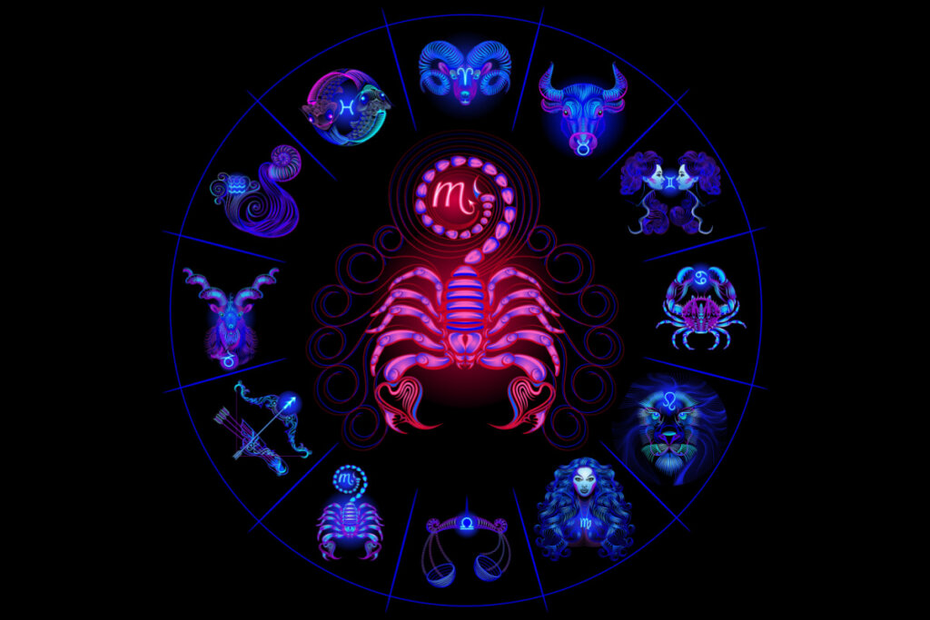Símbolo do signo de escorpião dentro do círculo do zodíaco com os 12 signos ao redor