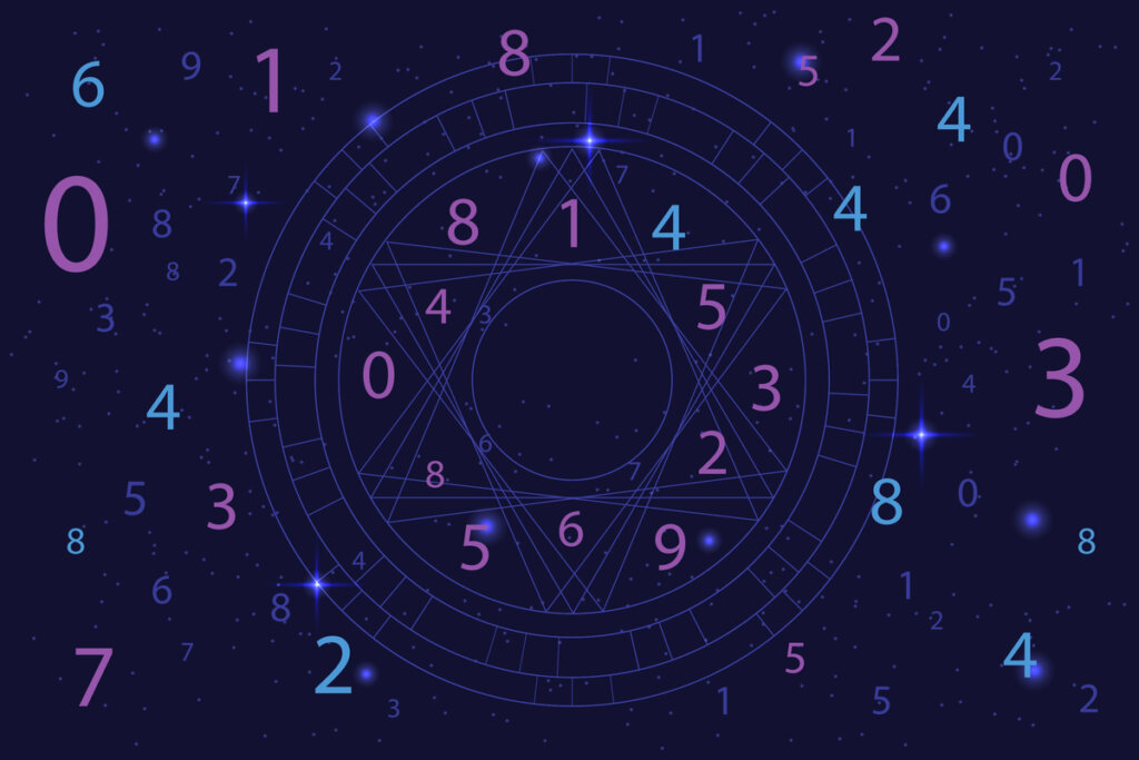 Círculo e diversos números no fundo roxo escuro