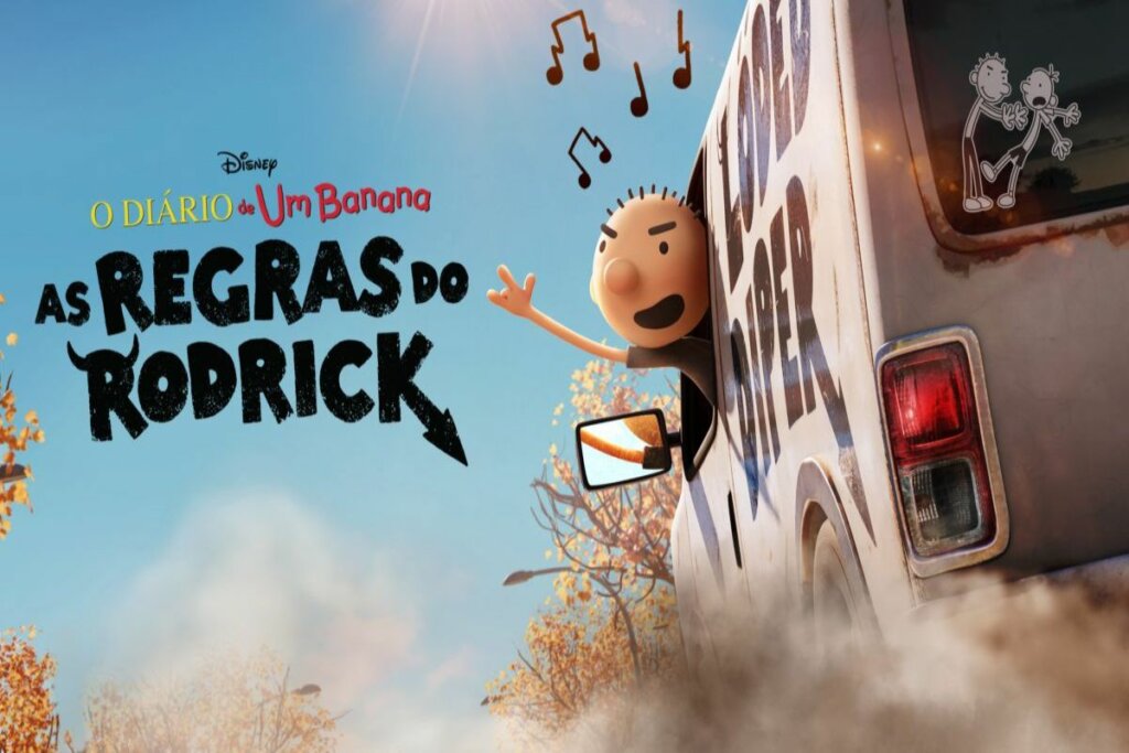 Capa do filme O Diário de um Banana: As Regras de Rodrick com um ônibus e um menino na janela