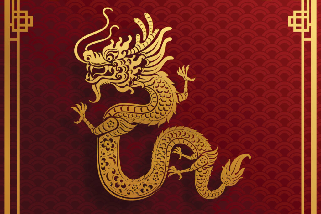 Ilustração de dragão em tons de vermelho e amarelo