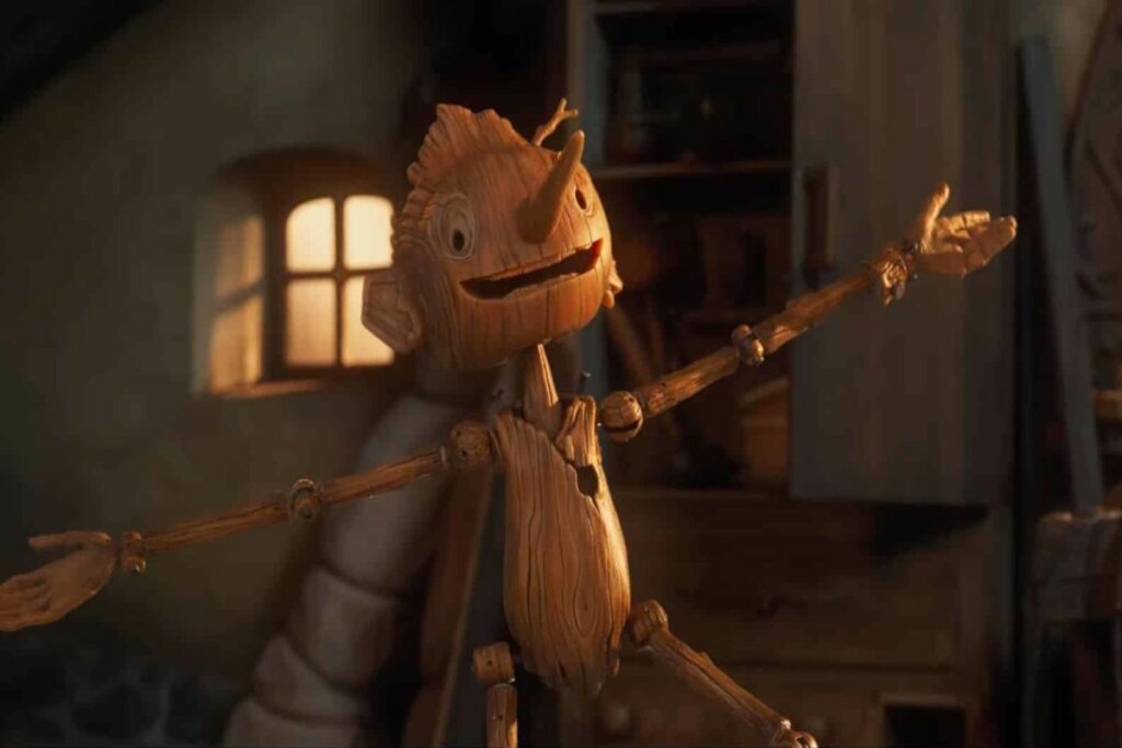 Boneco de madeira feliz no filme Pinóquio
