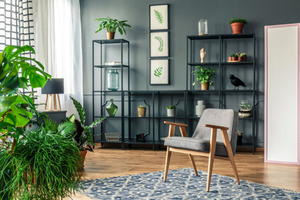 Sala de estar com estante com vasos de plantas, quadros de plantas, poltrona cinza e tapete estampado azul