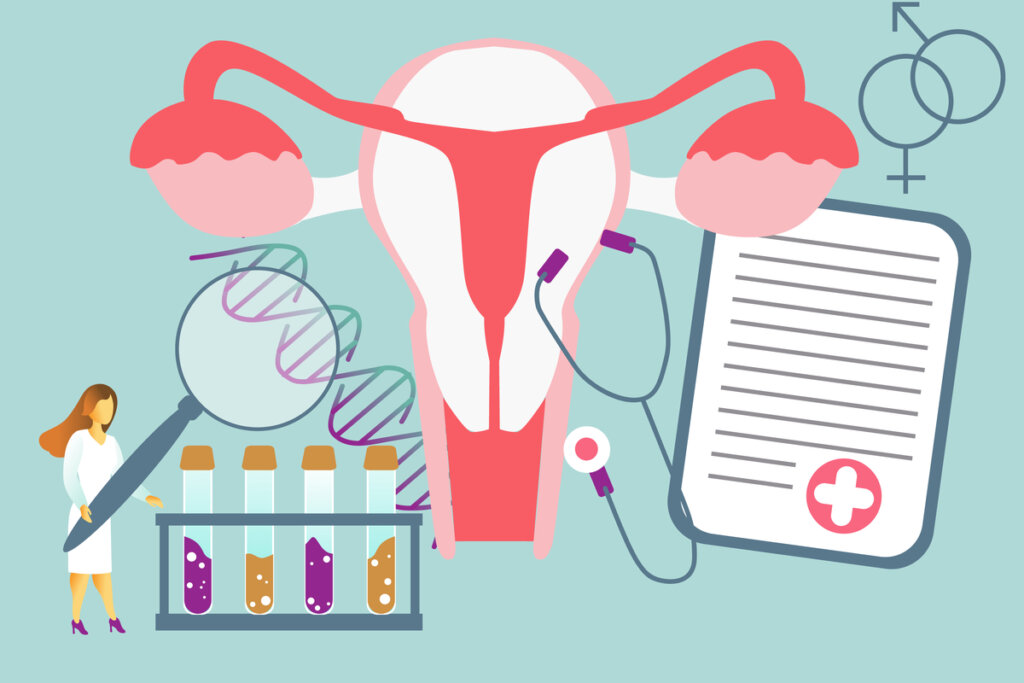 Ilustração de útero, médica, exame, DNA, lupa, ficha de hospital