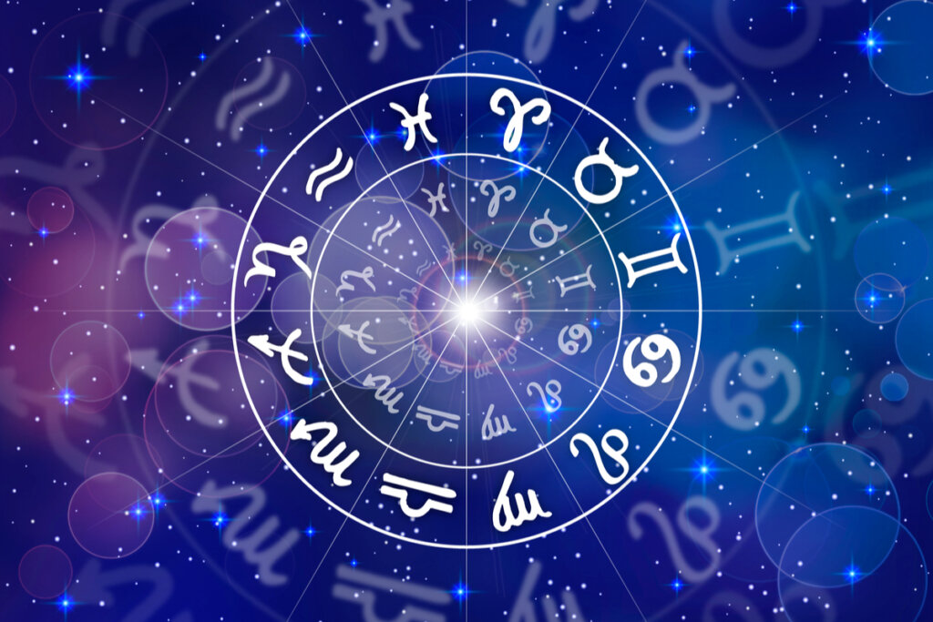 Círculo com os 12 signos do zodíaco no fundo azul escuro