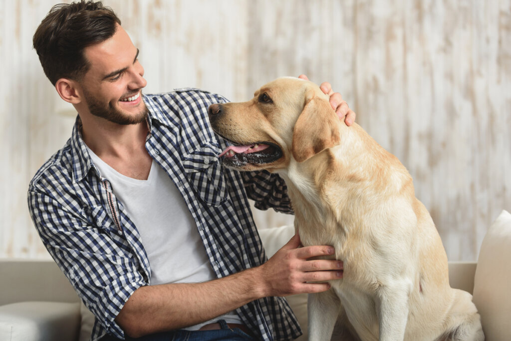 Homem sorrindo e fazendo carinho no seu cachorro