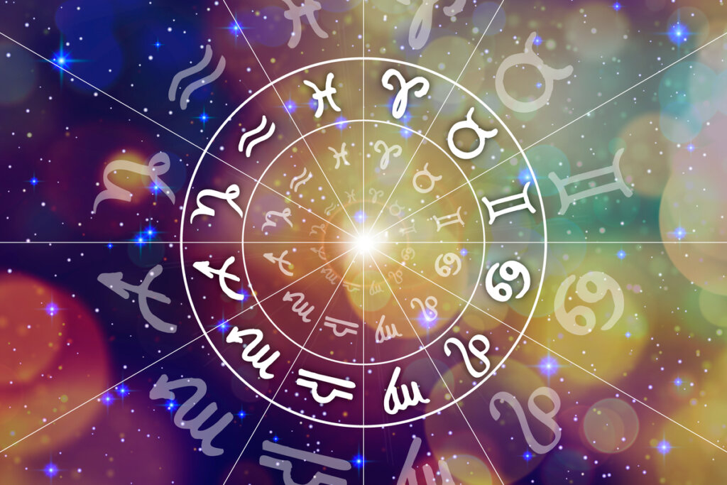 Círculo com os 12 signos do zodíaco no fundo roxo