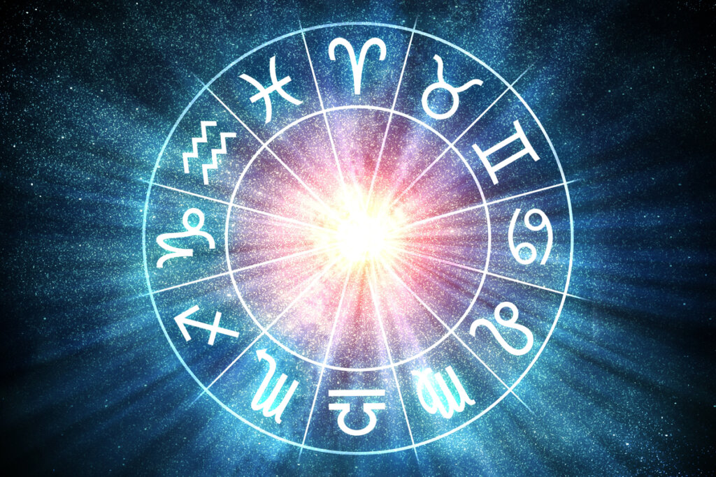 Círculo com os 12 signos do zodíaco no fundo azul