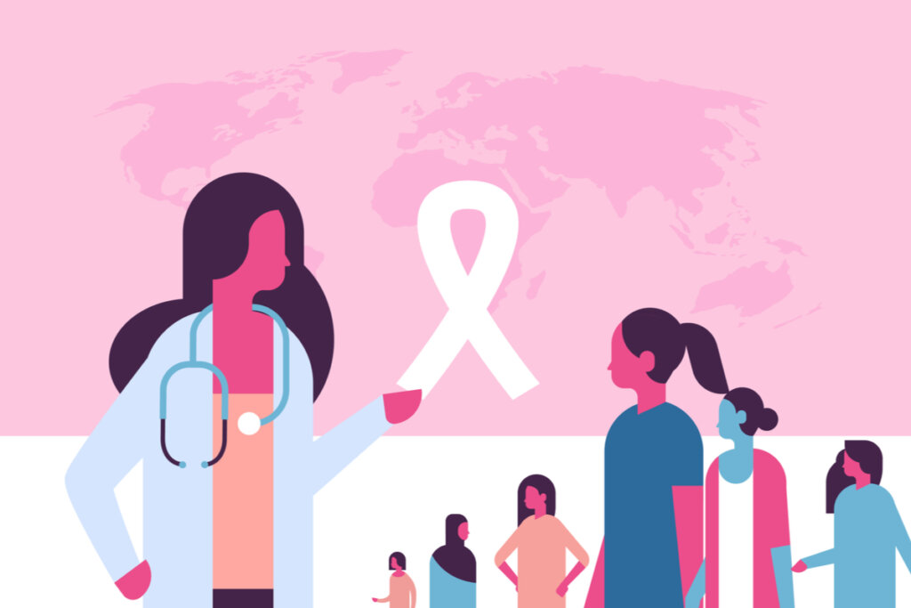 Ilustração colorida de médica com mão em laço, mapa-múndi em rosa e diversas mulheres