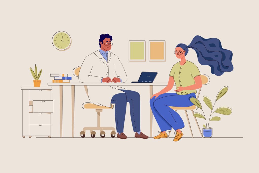 Ilustração colorida de médico e paciente conversando em consultório